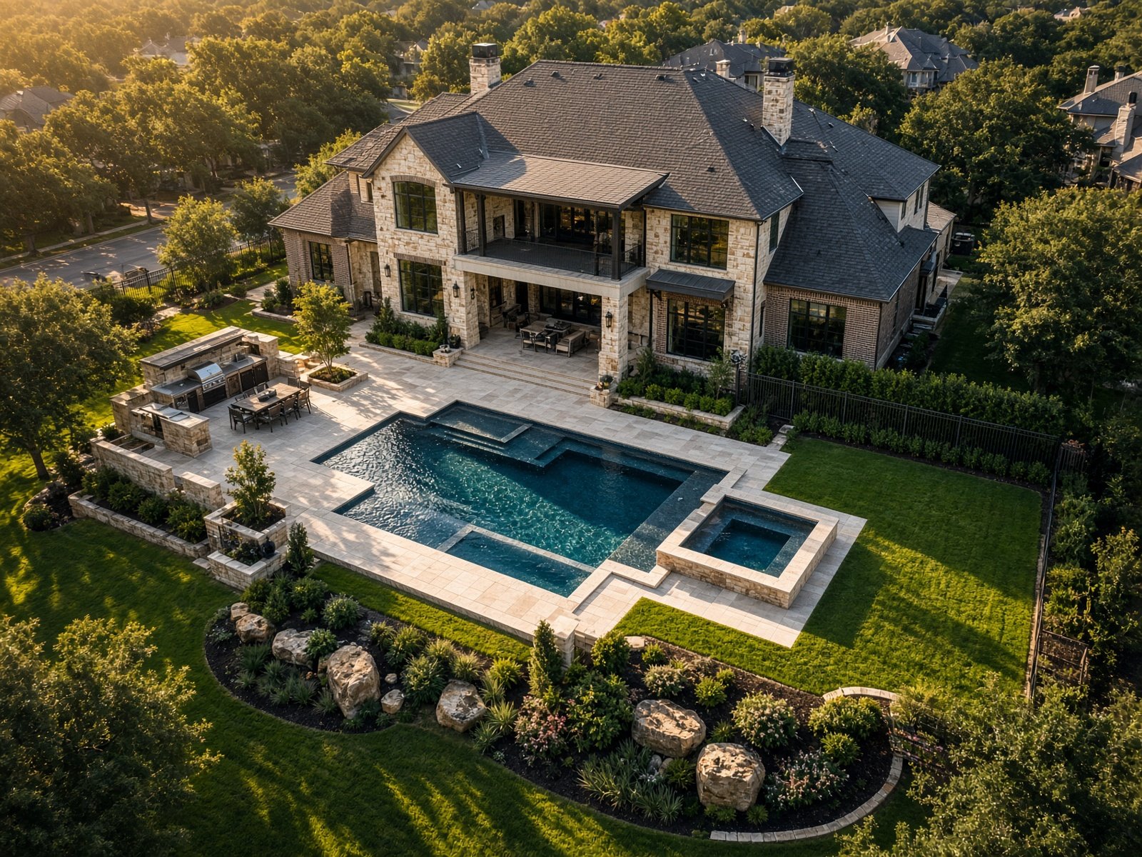 Aerial real estate photograph of a Collin County luxury home with a geometric pool and landscaped yard