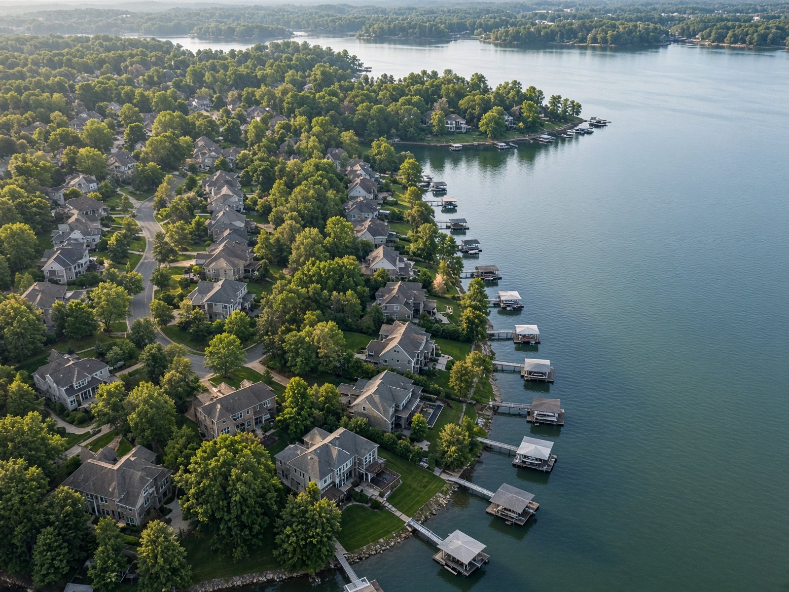 Aerial photograph of a Denton County waterfront neighborhood with docks on a North Texas lake